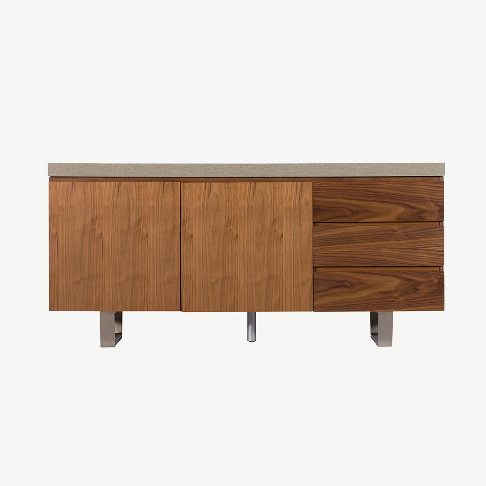 Walnut veneer wide sideboard with neutral grey toned top, double cupboard, three drawers and stainless steel legs