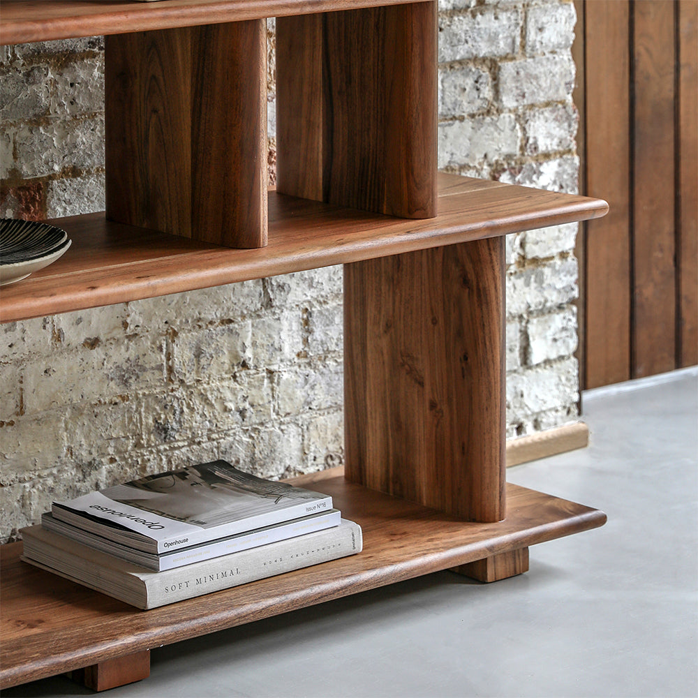 Acacia wood open display unit in natural finish with four interlocking wide shelves 