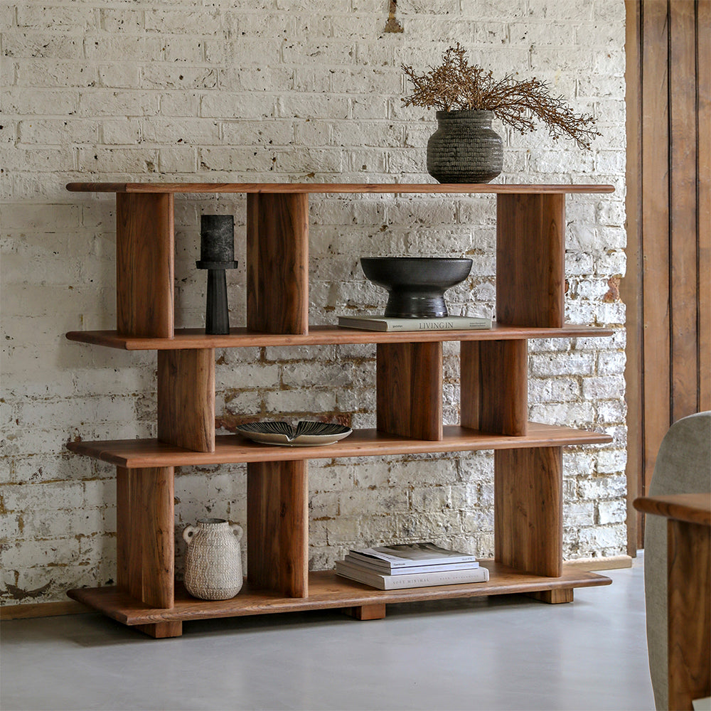 Acacia wood open display unit in natural finish with four interlocking wide shelves 