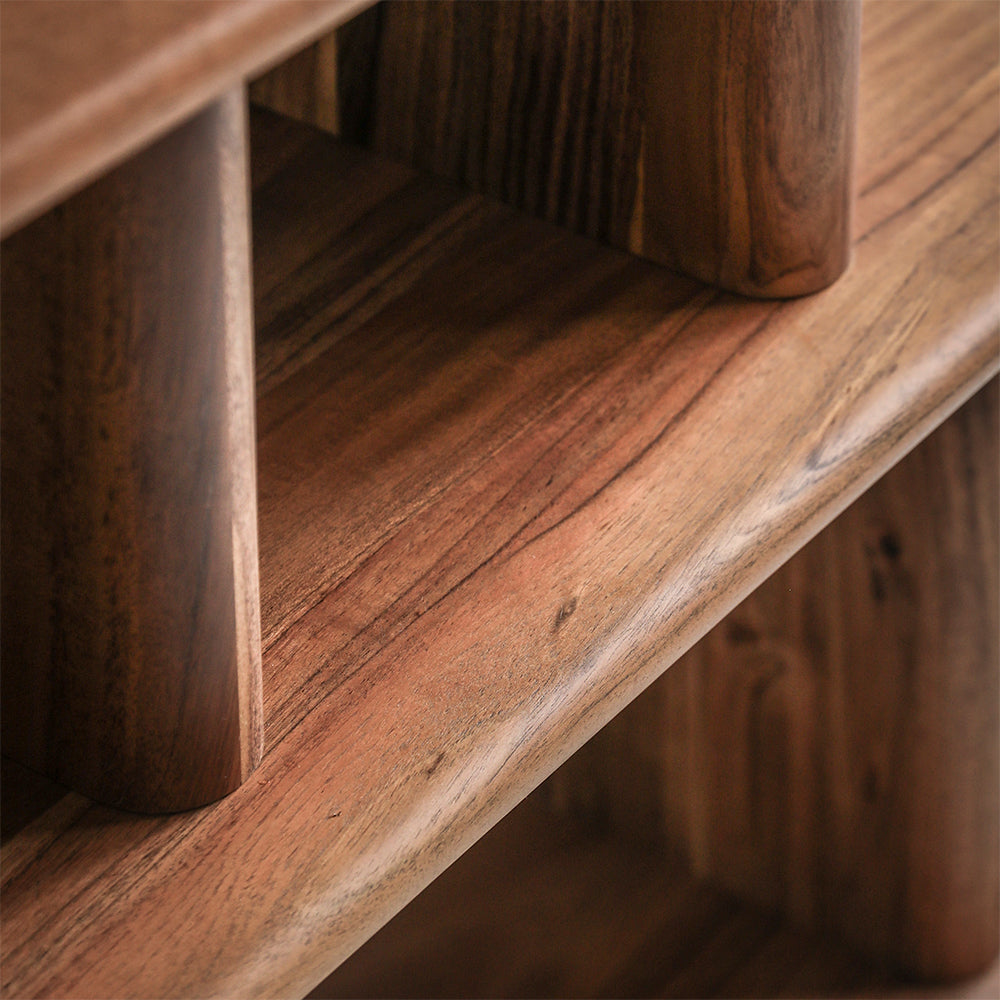 Acacia wood open display unit in natural finish with four interlocking wide shelves 