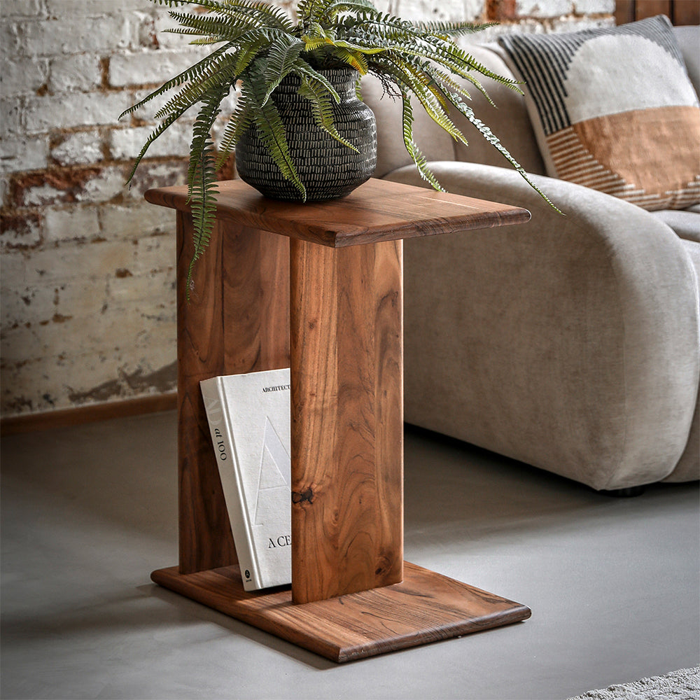 Acacia wood supper table in natural finish with side storage section 