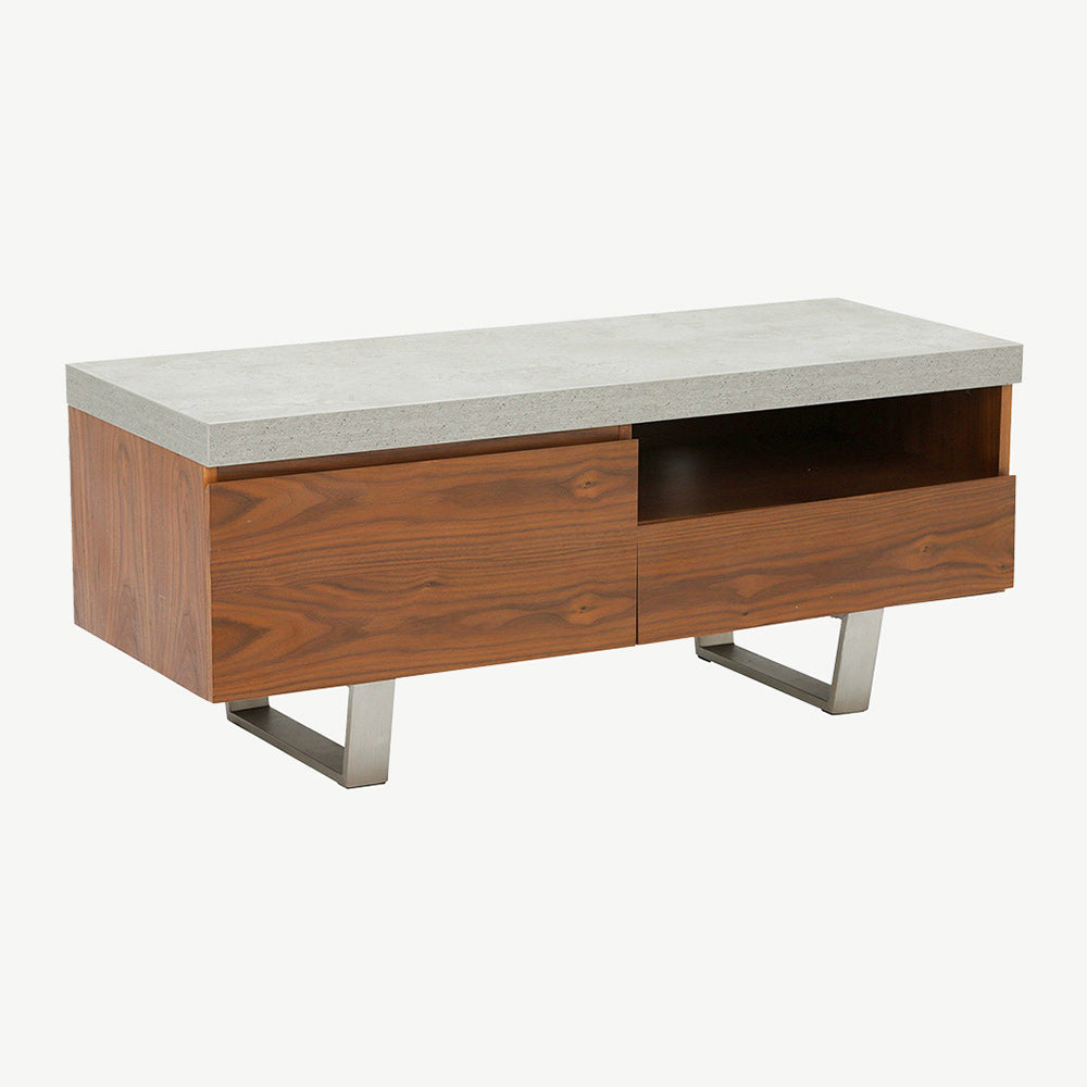 Walnut veneer tv unit with neutral grey toned top, open shelf with 2 drawers and stainless steel legs 