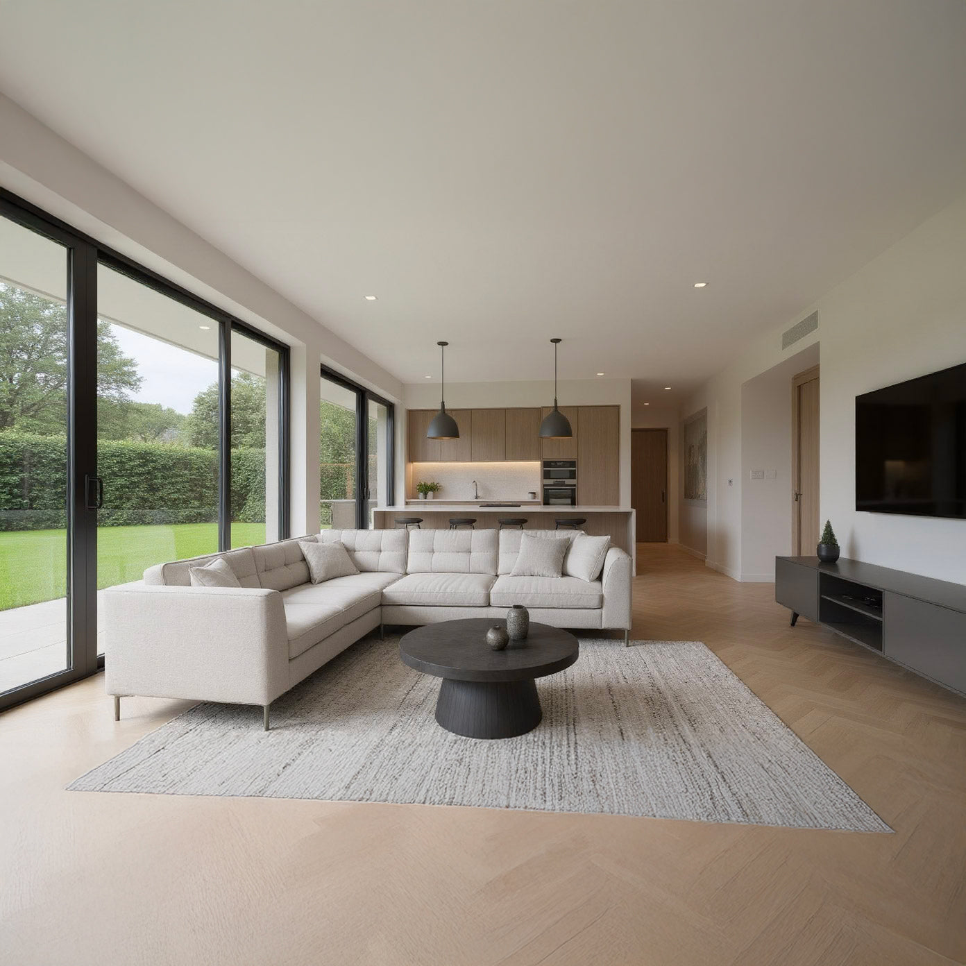 Modern living room with a sectional sofa, coffee table, and TV.