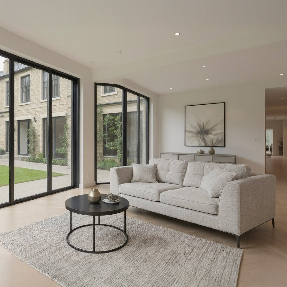 Modern living room with a gray sofa, coffee table, and large windows.
