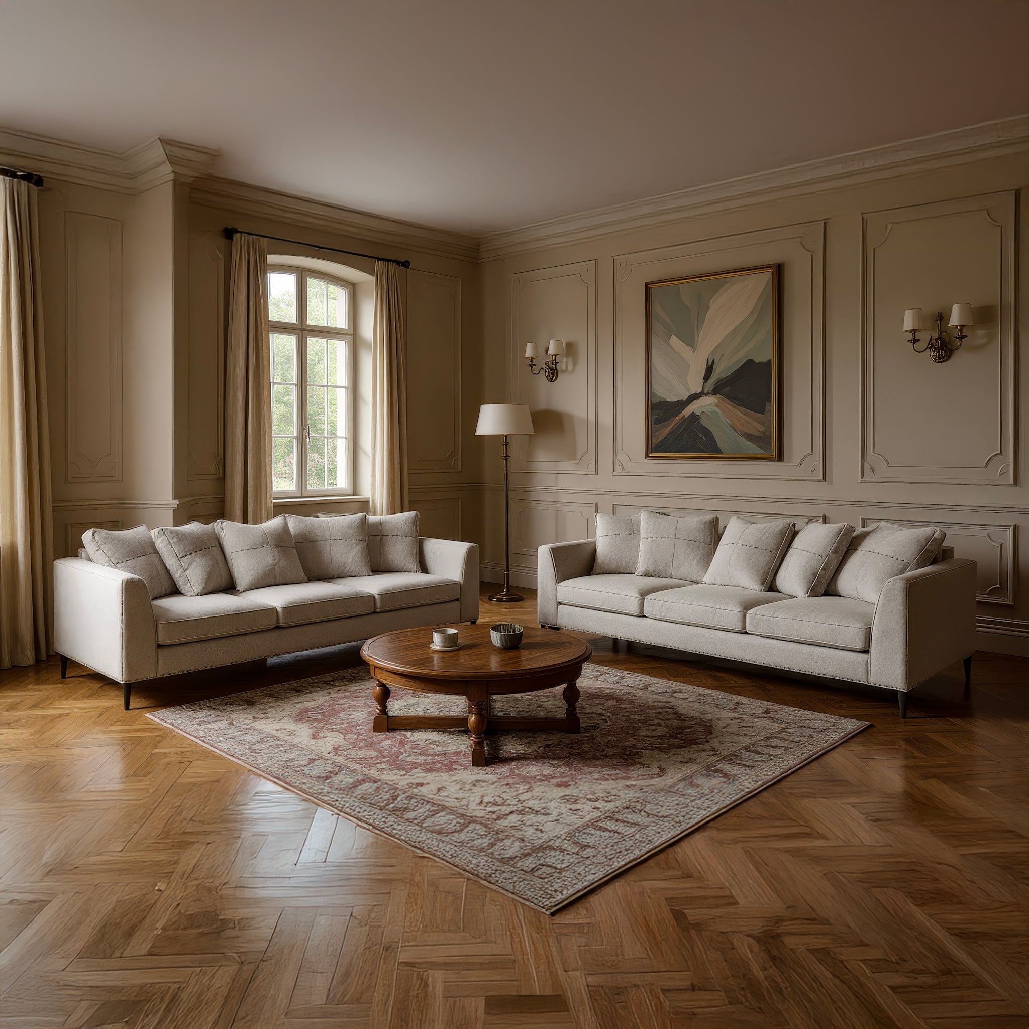 Living room with beige sofas, wooden coffee table, and abstract painting on wall.