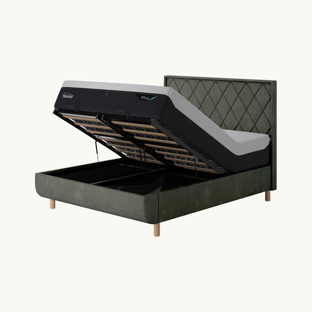 TEMPUR® Arc Ottoman Bed with Quilted Headboard in Dark Green