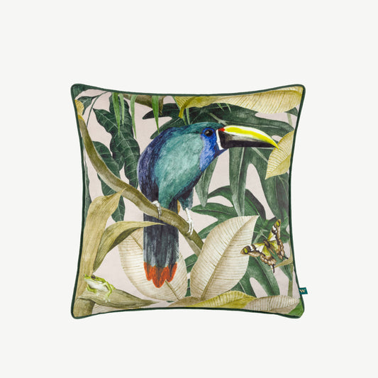 Embroidered toucan and jungle print scatter cushion in emerald hue with plain green reverse side