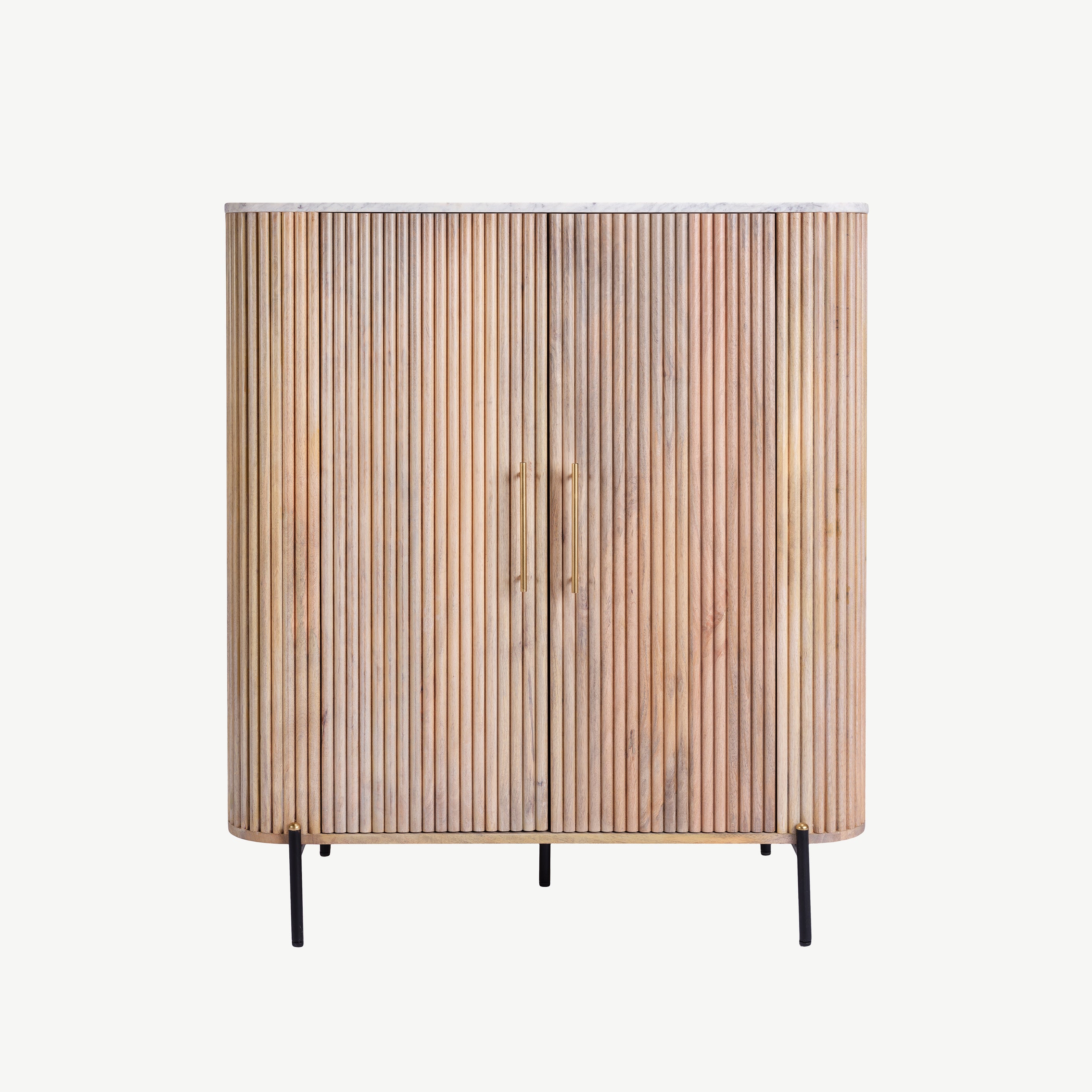 Fluted mango wood two drawer highboard with solid white marble top
