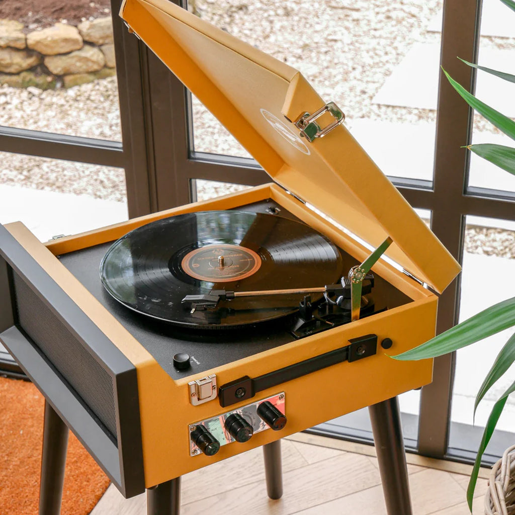Retro Style Record Player with Legs in Beige