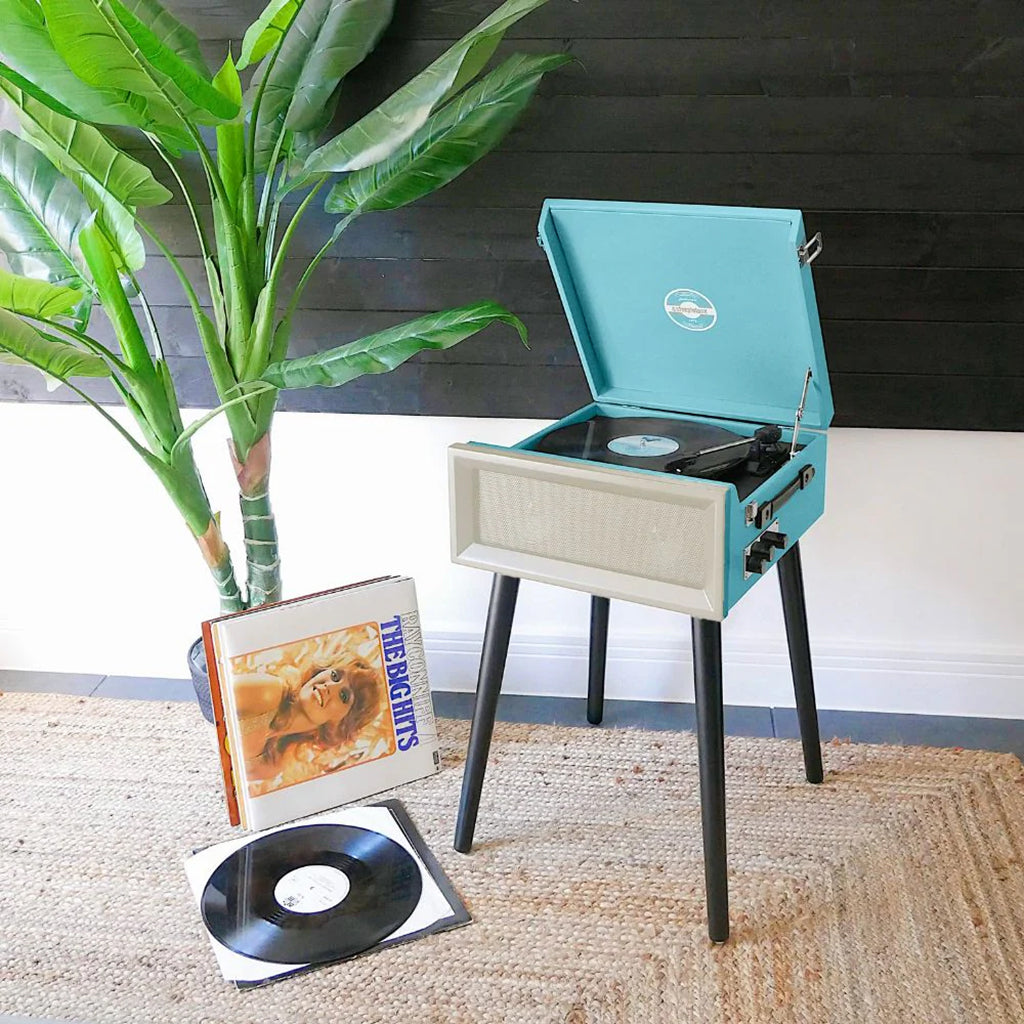 Retro Style Record Player with Legs in Blue