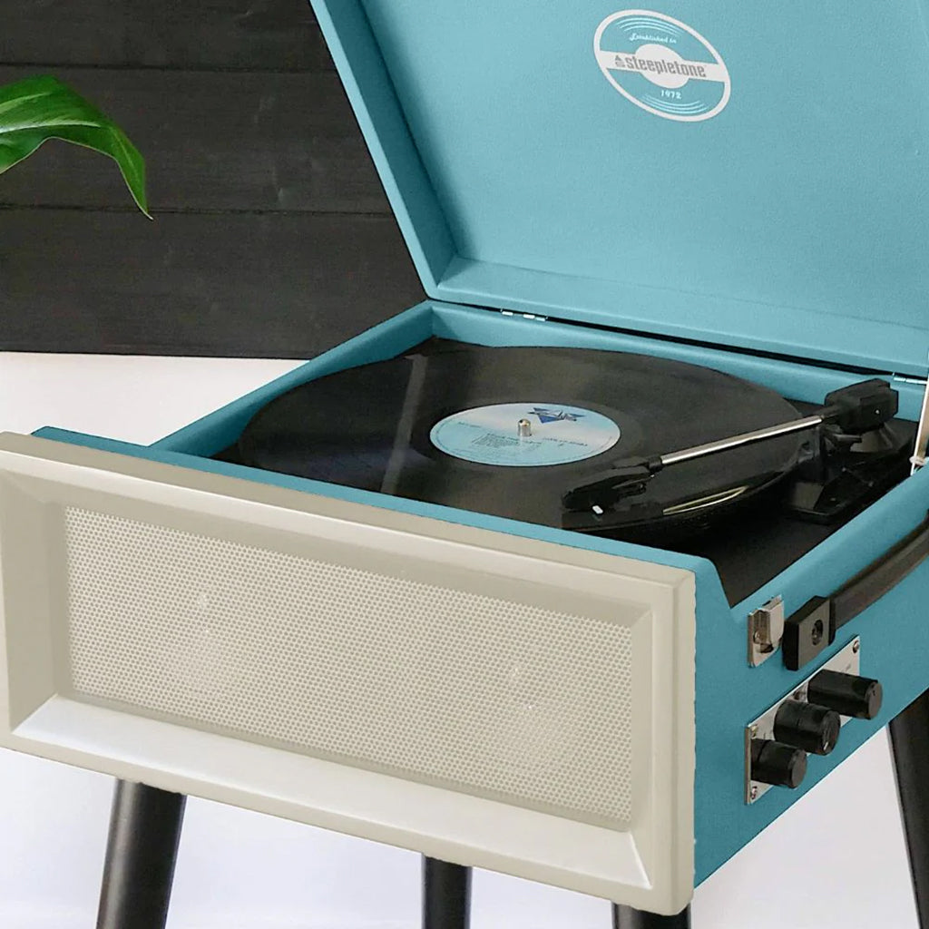 Retro Style Record Player with Legs in Blue