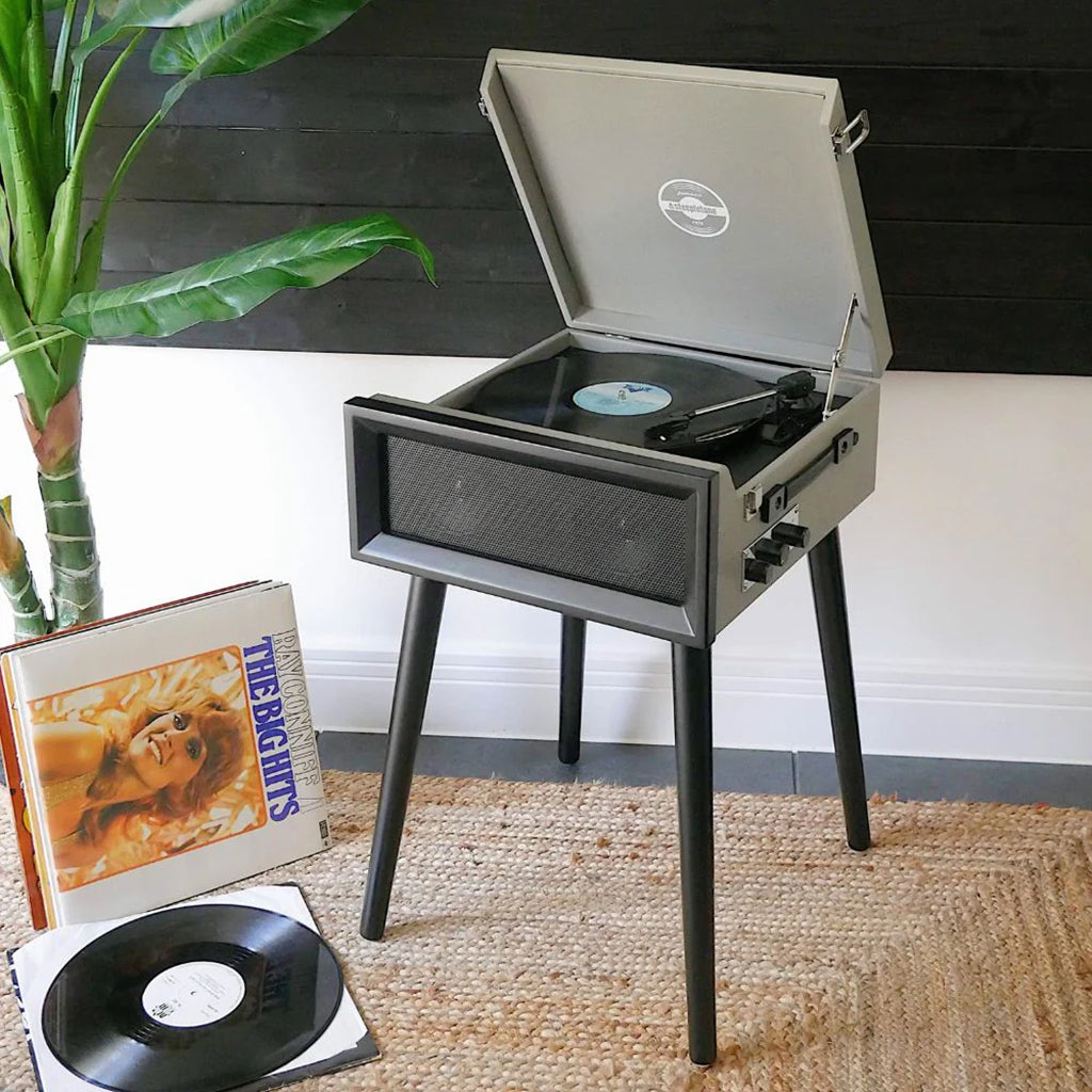 Retro Style Record Player with Legs in Grey