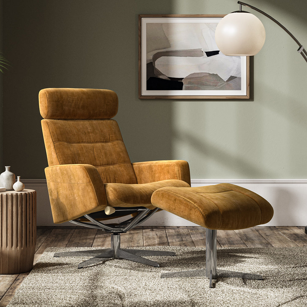 Gabriel Reclining Chair and Footstool in Ambler Old Gold