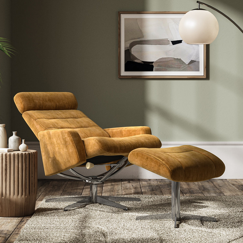 Gabriel Reclining Chair and Footstool in Ambler Old Gold