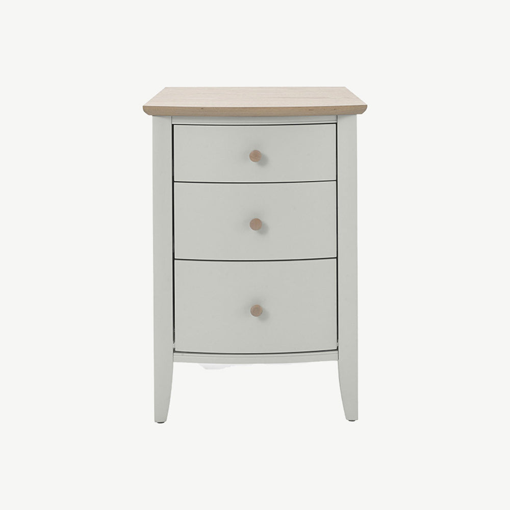 Pale oak 3 drawer nightstand in light grey finish with natural oak top and turned handles