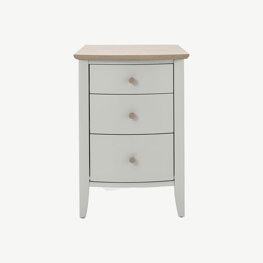 Pale oak 3 drawer nightstand in light grey finish with natural oak top and turned handles