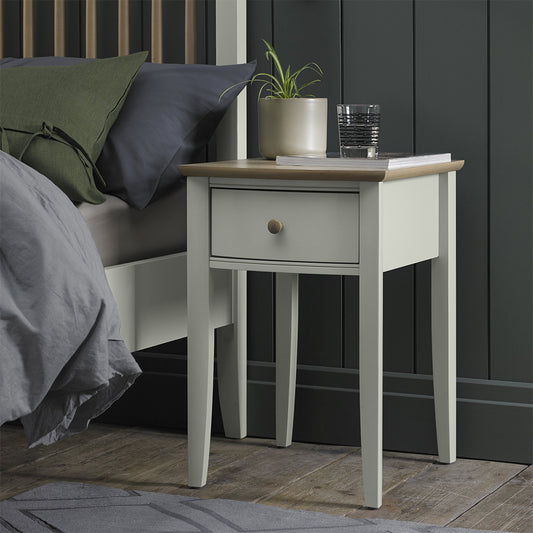 Pale oak 1 drawer nightstand in light grey finish with natural oak top and turned handle