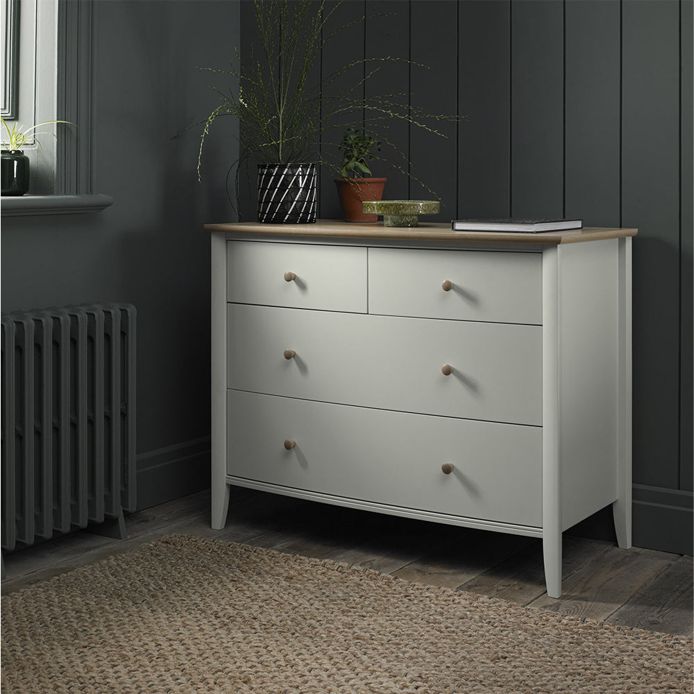 Pale oak 2 and 2 drawer chest in light grey finish with natural oak top and turned handles