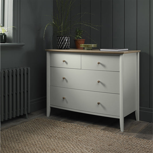 Pale oak 2 and 2 drawer chest in light grey finish with natural oak top and turned handles