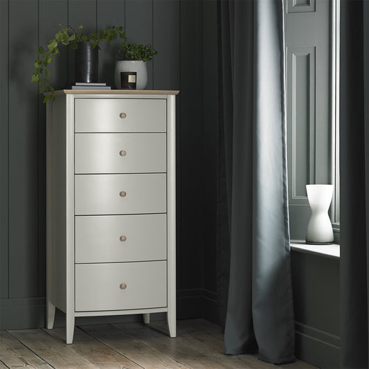 Pale oak 5 drawer tall chest in light grey finish with natural oak top and turned handles