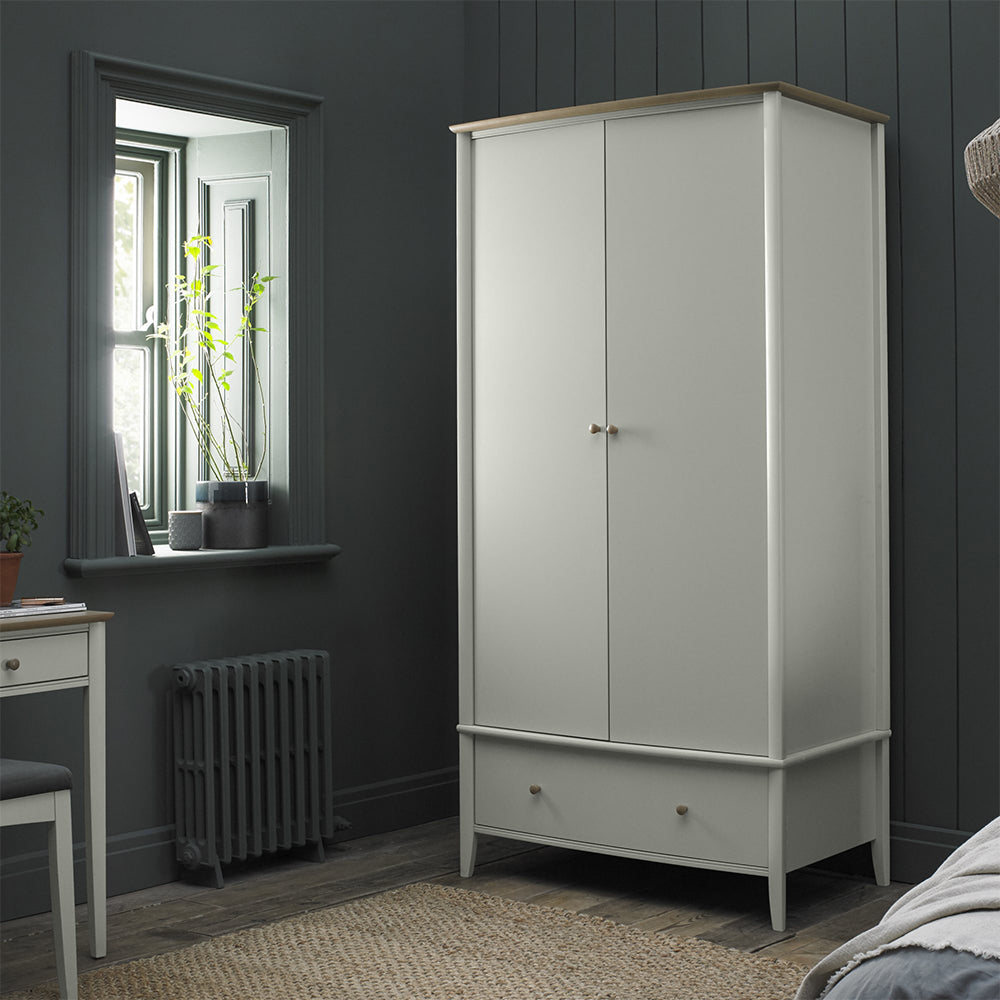 Pale oak double wardrobe in light grey finish, natural oak top, bottom drawer and turned handles