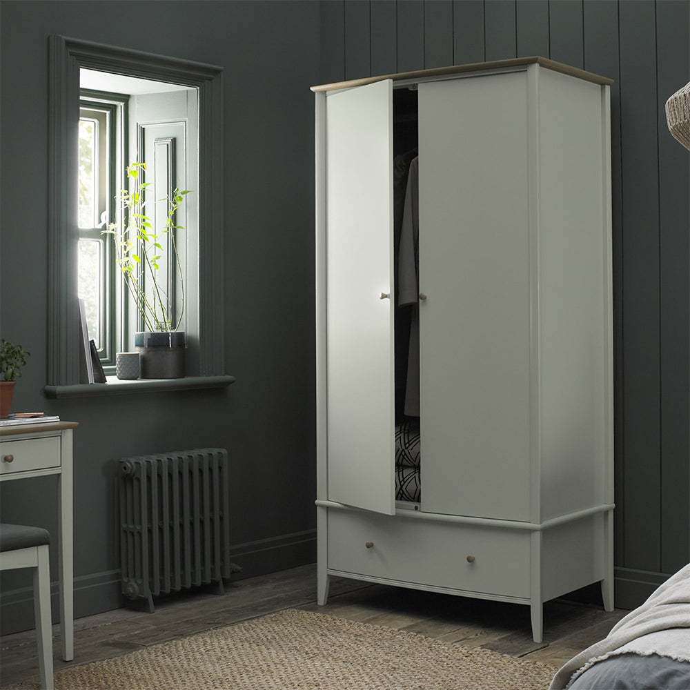 Pale oak double wardrobe in light grey finish, natural oak top, bottom drawer and turned handles