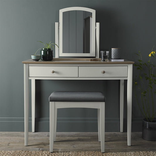 Pale oak dressing table in light grey finish, natural oak top and turned handles