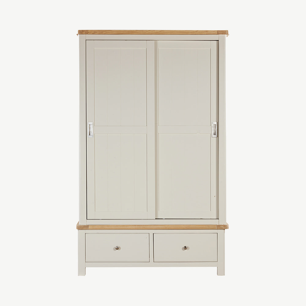 Painted off-white 2 drawer wardrobe with natural wood trim, sliding doors and 2 drawers
