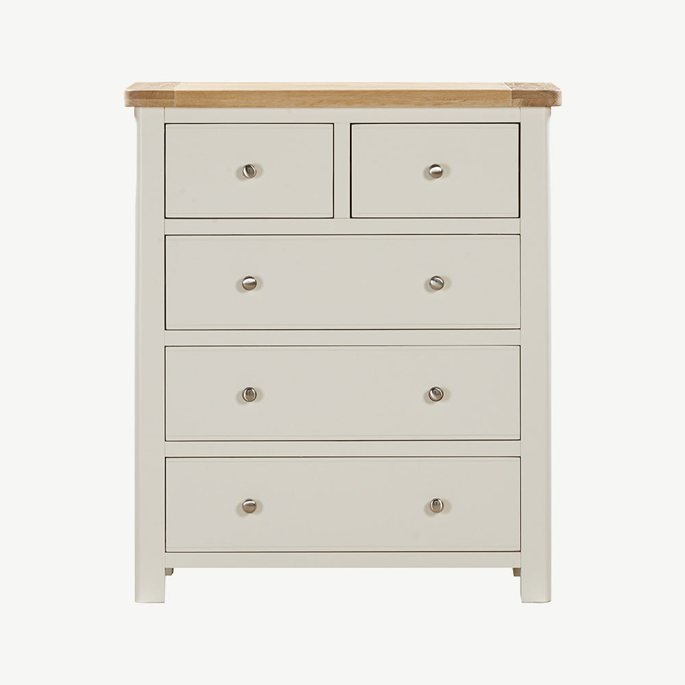 Painted off-white 2 over 3 chest with natural wood top and silver drawer handles 
