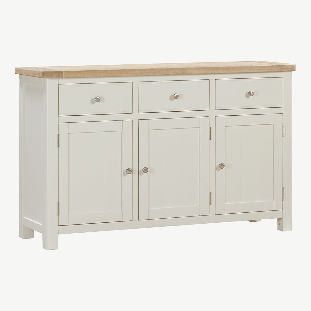 Painted off-white 3 door sideboard with natural wood top, three spacious drawers and three cupboards
