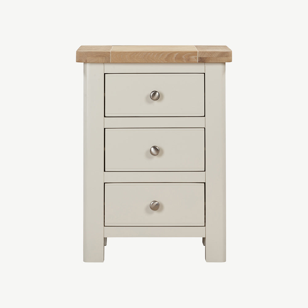Painted off-white 3 drawer bedside cabinet with natural wood top and three drawers
