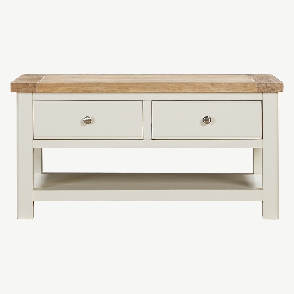 Painted off-white coffee table with natural wood top with two spacious drawers
