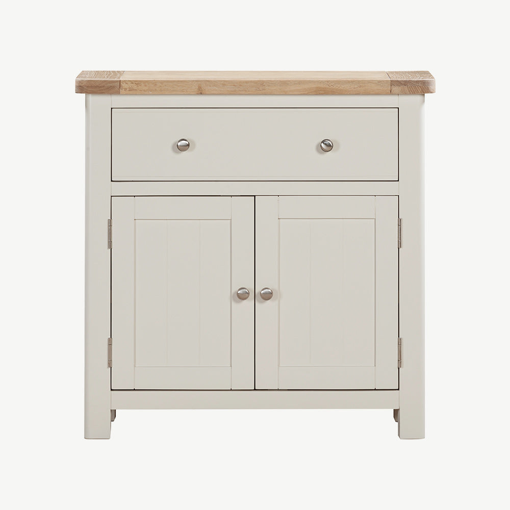 Painted off-white compact sideboard with natural wood top, single drawer and double cupboard
