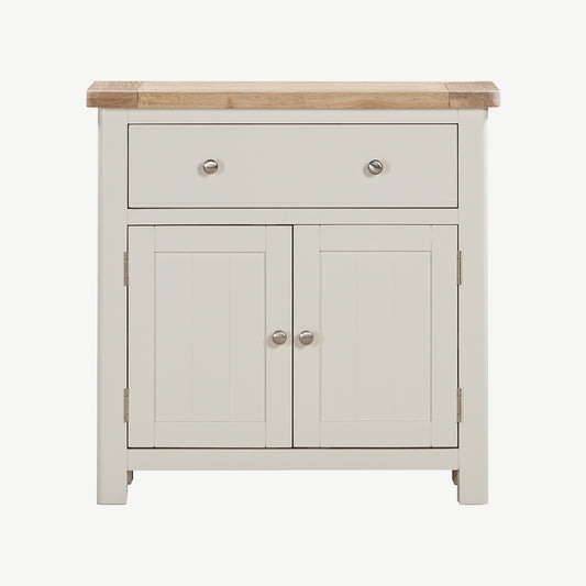 Painted off-white compact sideboard with natural wood top, single drawer and double cupboard
