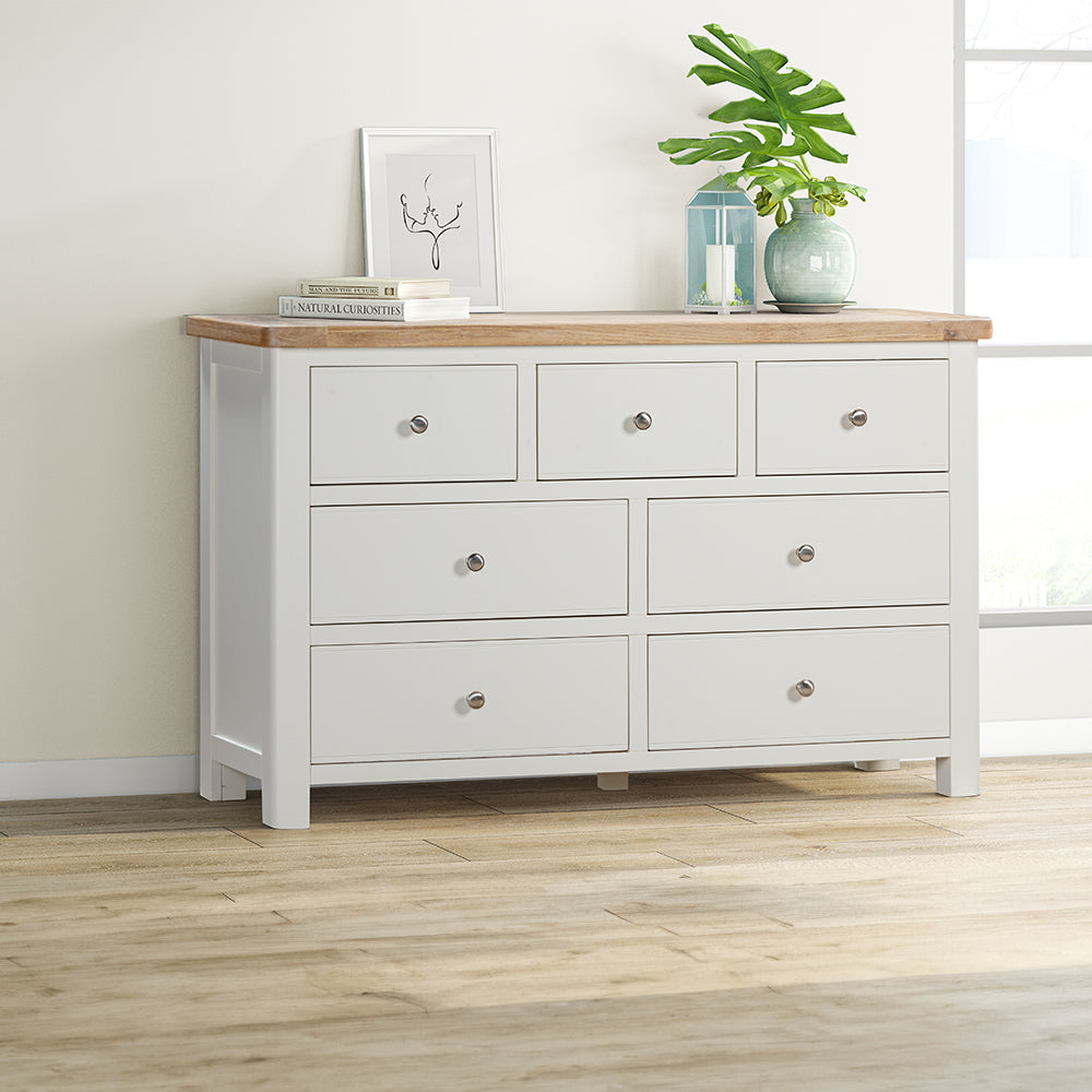 Painted off-white 3 over 4 drawer chest with natural wood top, three top drawers and 4 bottom drawers
