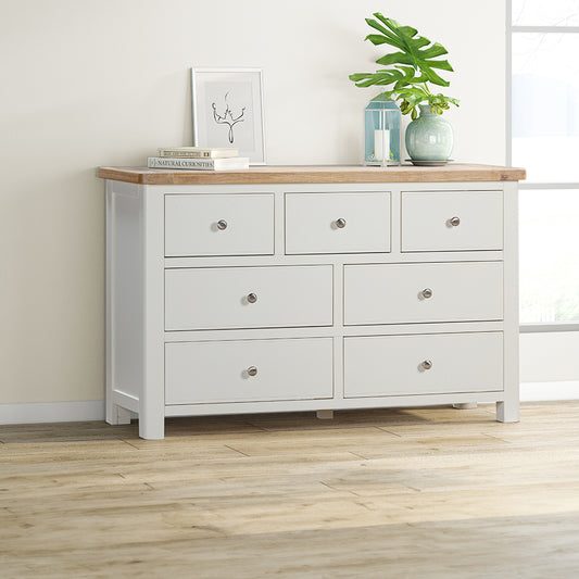 Painted off-white 3 over 4 drawer chest with natural wood top, three top drawers and 4 bottom drawers
