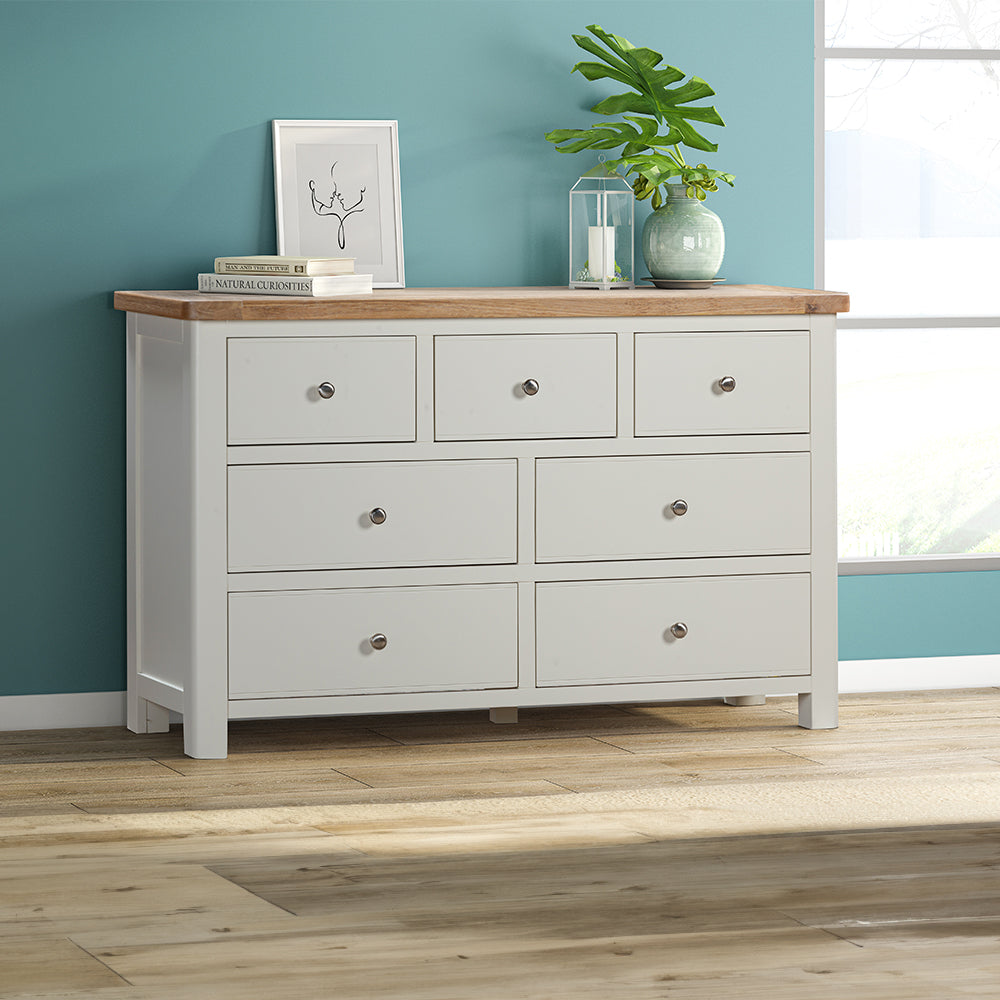 Painted off-white 3 over 4 drawer chest with natural wood top, three top drawers and 4 bottom drawers
