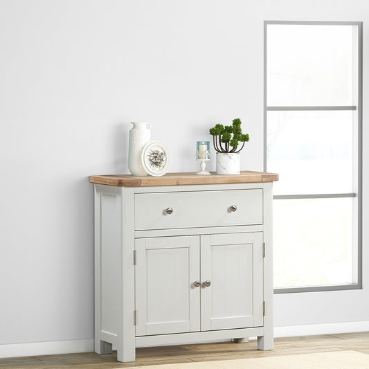 Painted off-white compact sideboard with natural wood top, single drawer and double cupboard
