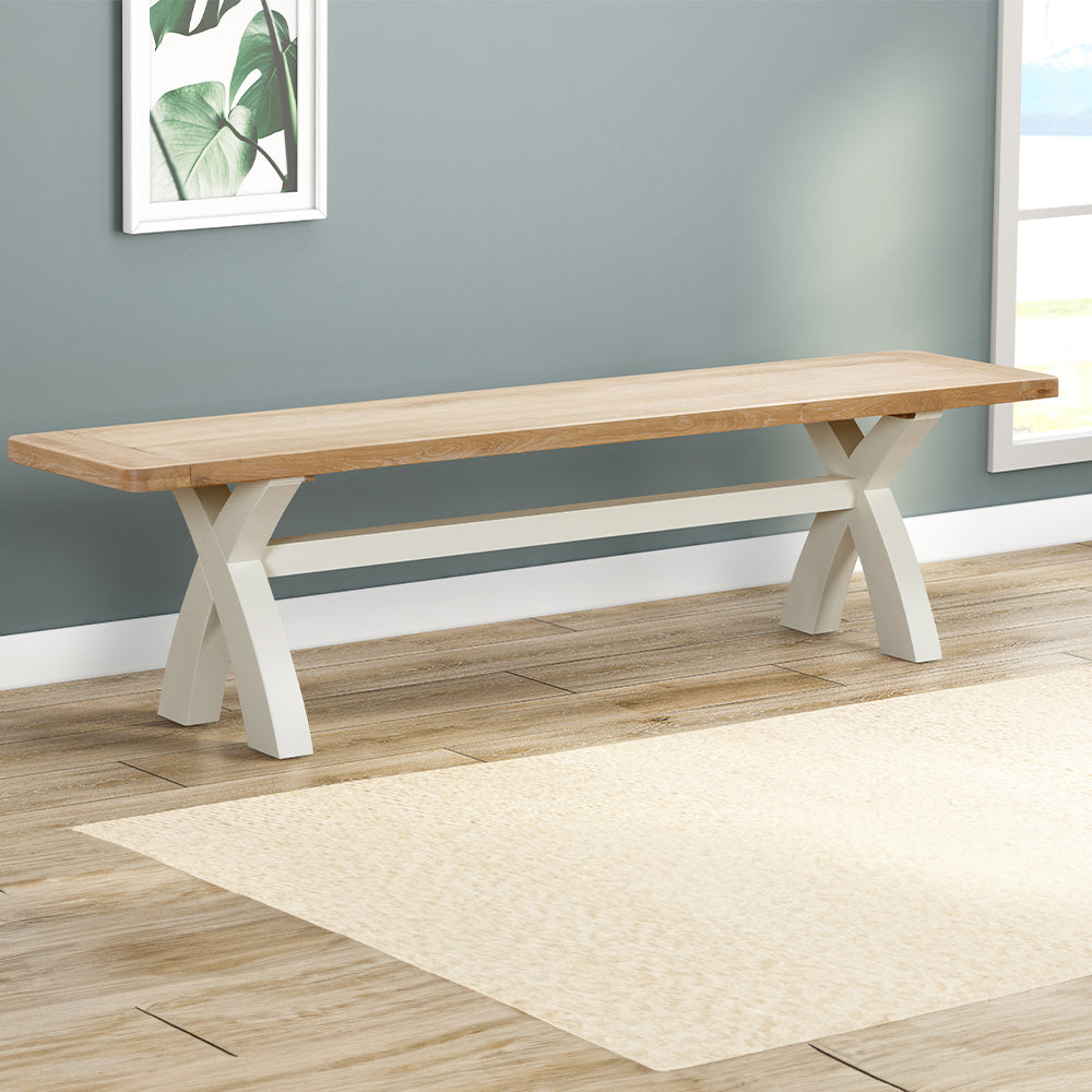 Painted off-white cross leg bench with natural wood top
