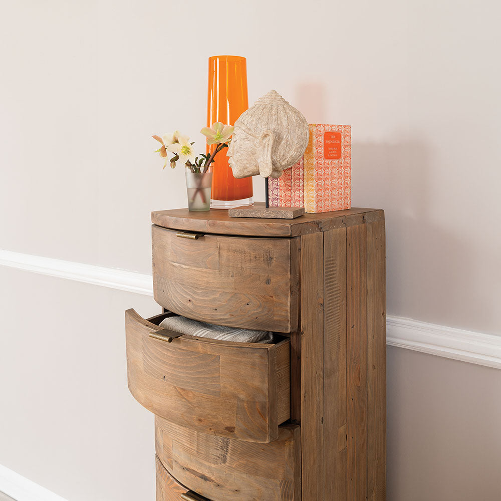 Reclaimed timber wood 7 drawer tall chest in sundried finish with seven curved drawers
