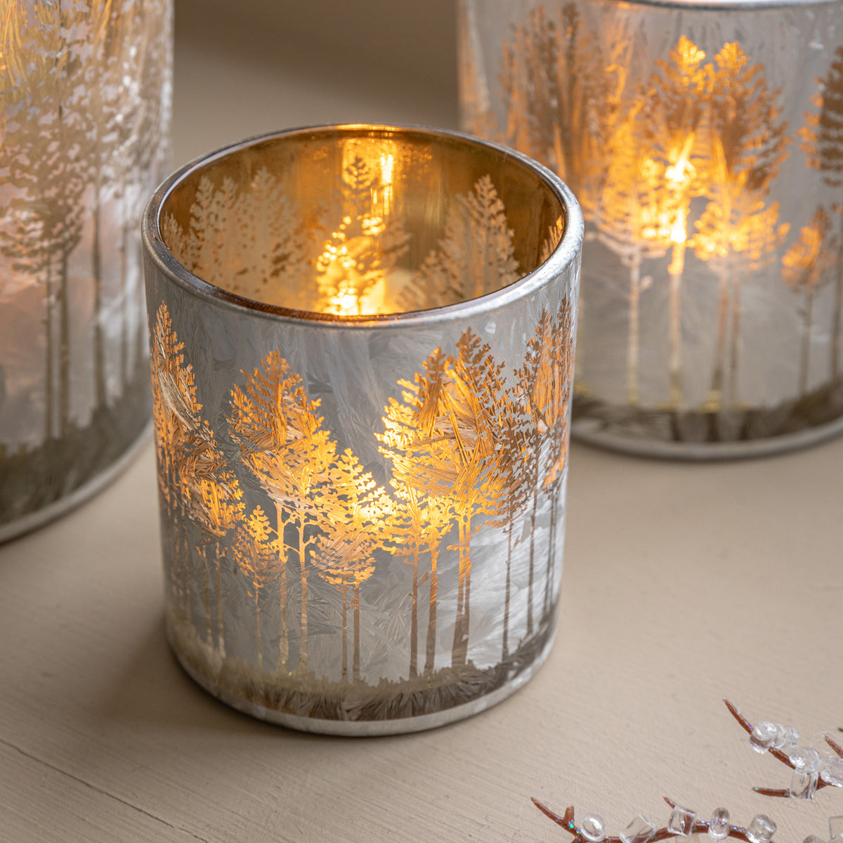 Set of 3 Etched Silver Tree Candle Holders