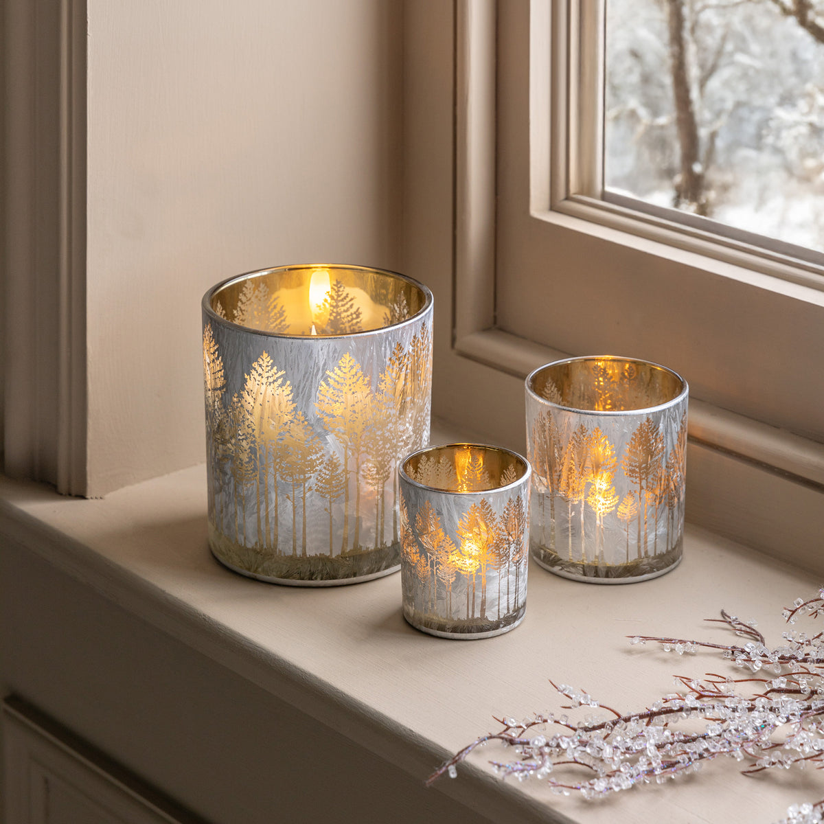 Set of 3 Etched Silver Tree Candle Holders