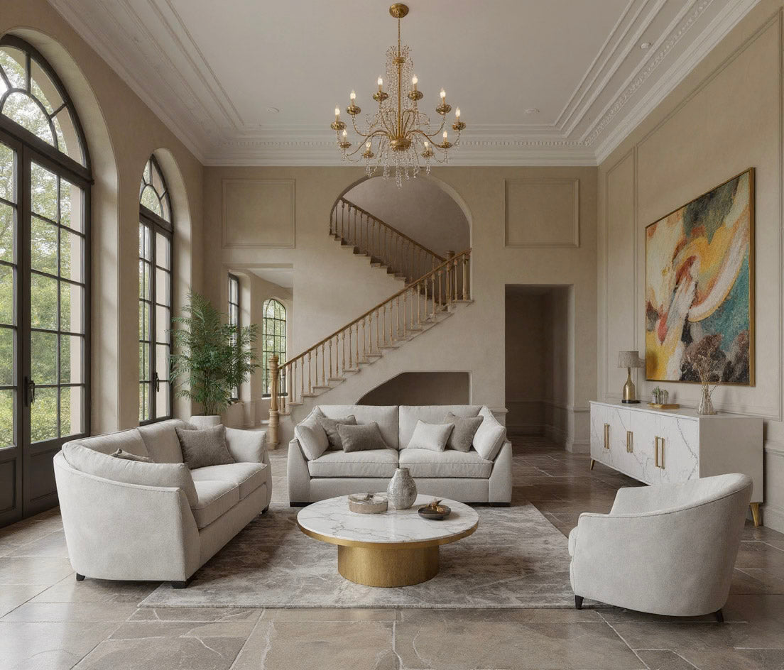 Luxurious living room with gray sofa, armchair, and coffee table in a home setting.