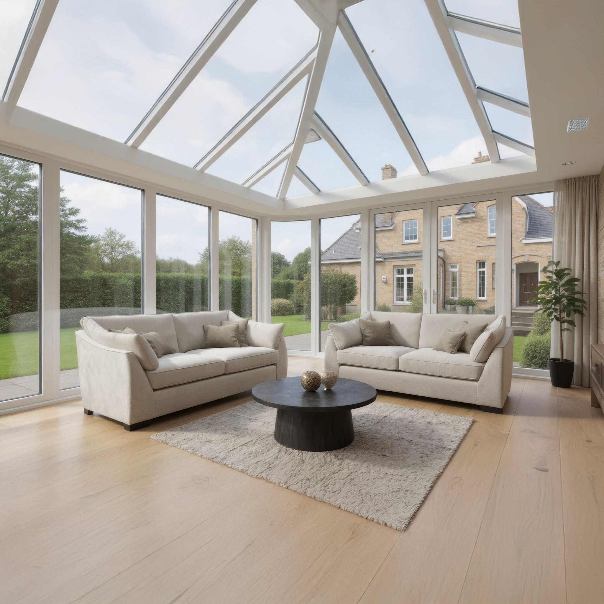 Modern living room with beige sofas, a coffee table, and large windows overlooking a garden.
