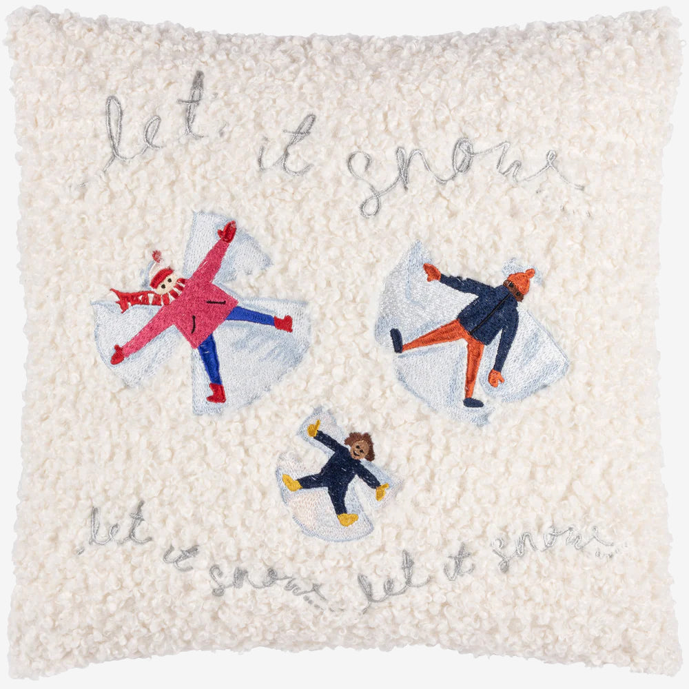 Decorative Christmas pillow with embroidered snow angels 