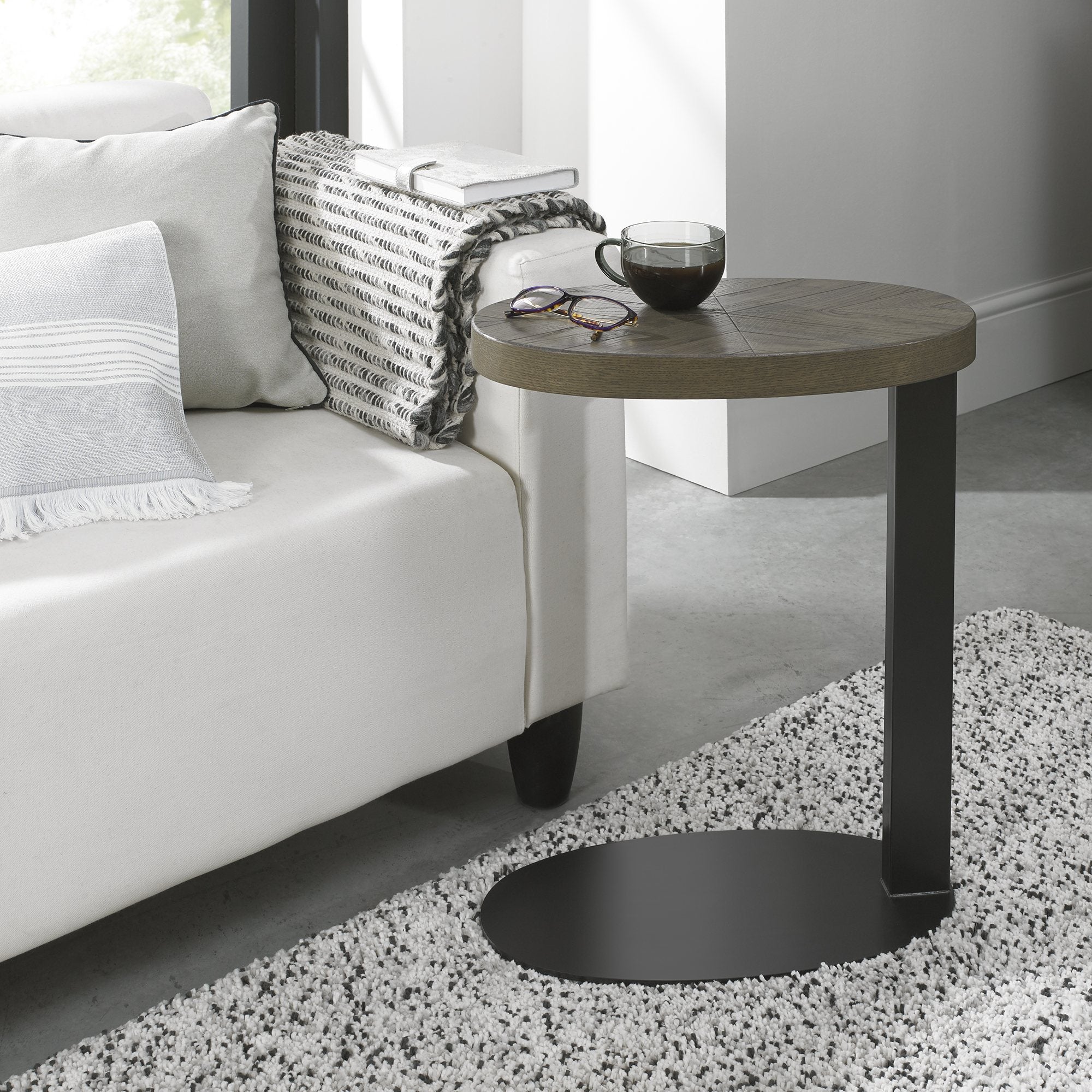 Solid oak sofa table with fumed oak marquetry tops & black powder coated metal base