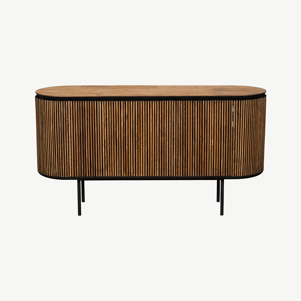 Reclaimed teak wide sideboard with panelled detail cabinet and concealed handles