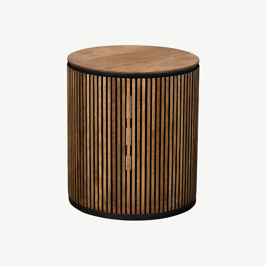 Reclaimed teak lamp table with panelled detail sides