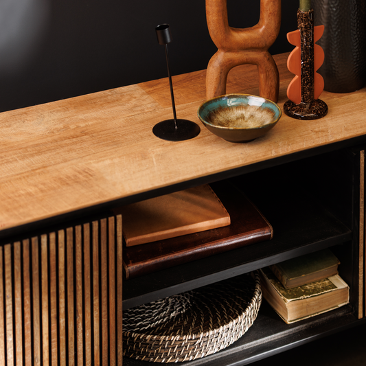 Reclaimed teak tv unit with panelled detail side compartments and central double shelf