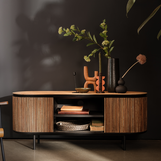 Reclaimed teak tv unit with panelled detail side compartments and central double shelf
